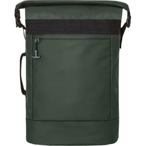 A green Active Notebook Backpack featuring a roll-top design, adjustable strap, and a front pocket. It has a logo.