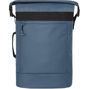 A blue backpack with a top roll closure, featuring a front pocket and a logo.