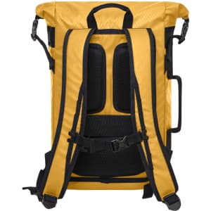 A yellow backpack featuring padded shoulder straps and back panel, with a logo on the front.