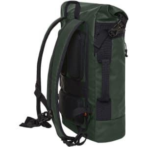 A green backpack with adjustable straps and mesh panels, featuring side pockets and a logo.