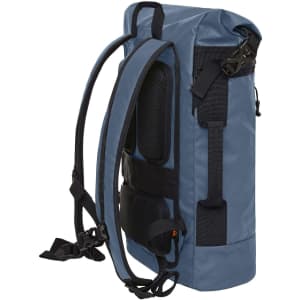A blue backpack with adjustable straps and multiple compartments. It features a logo on one side.