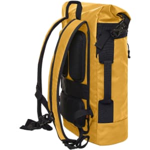 A yellow backpack with black accents, featuring adjustable straps and compartments for organisation.
