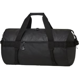 A spacious black duffle bag featuring robust handles and a secure zipper, with an exterior pocket and a logo.