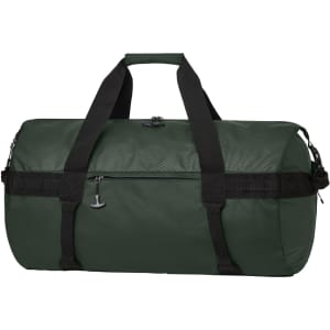 A green duffle bag with black straps and a zipper, featuring a side pocket and a logo.