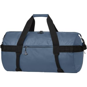 A blue duffle bag with black straps and a zipper closure, featuring a logo on the side.