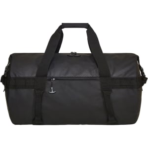 A black duffle bag with dual handles, a zippered top, and an attached logo.