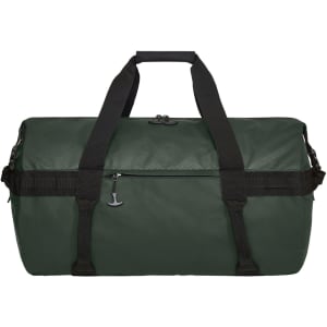 A dark green duffle bag with sturdy handles and a zipper, featuring a small logo.