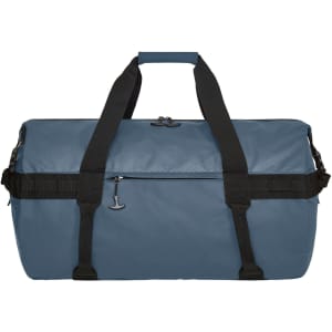 A blue duffle bag with black straps and a zippered pocket, featuring a logo on the side.