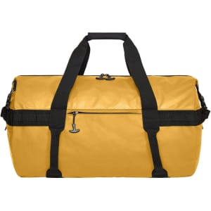 A yellow sports/travel bag with black straps and a zipper, featuring a logo on the side.