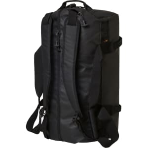 A black duffle bag with adjustable straps and a zippered main compartment. It features a logo.