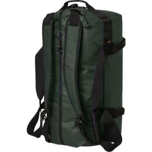 A dark green duffle bag with adjustable shoulder straps and a sturdy handle, featuring a logo.