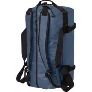 A blue duffle bag with black straps and a logo, featuring two zip compartments and adjustable shoulder straps.