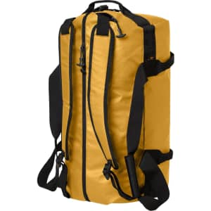 A yellow sport/travel bag with black straps and zippers, featuring a sleek, rectangular design.
