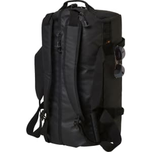 A black duffle bag with shoulder straps, featuring a logo and sunglasses attached to the side.