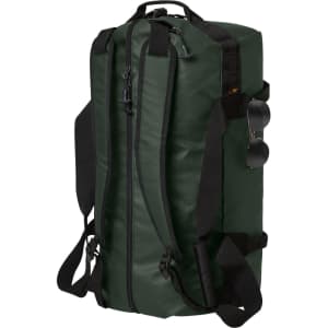 A green duffle bag with a zippered opening, shoulder straps, and a logo, featuring a sleek, durable design.