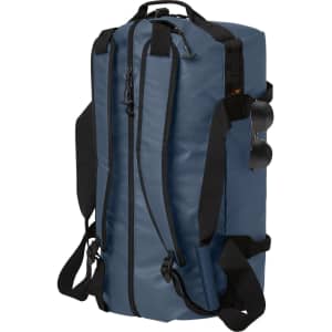 A navy blue duffle bag with black straps and a logo, featuring a front zipper and side pockets.
