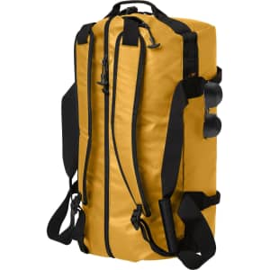 A yellow sports/travel bag with black straps and zippers, featuring a logo on the side.
