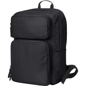 A black laptop backpack featuring multiple zippered compartments and a side pocket, along with branding.