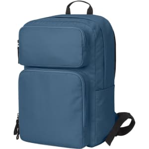 A blue laptop backpack with multiple zippered compartments and a branding logo.
