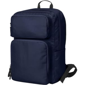 A navy blue laptop backpack with multiple zippered compartments and a logo.