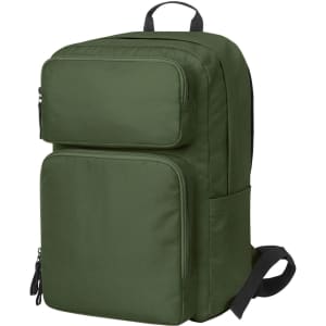 A green laptop backpack with multiple zippered compartments and adjustable straps, featuring a logo.