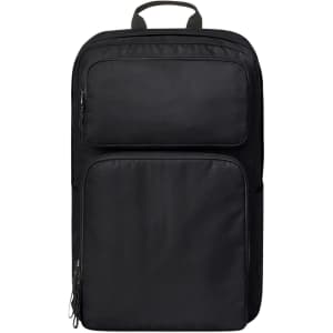 A black laptop backpack with multiple zippered compartments and a top handle, featuring a logo.