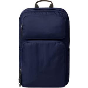 A navy blue laptop backpack featuring multiple zippered compartments and a top handle. It has a logo on the front.