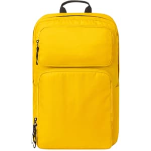 A bright yellow backpack featuring multiple zippers and pockets, with a top handle and a logo.