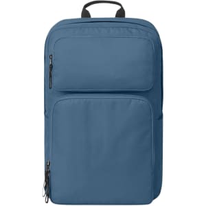 A blue laptop backpack with multiple zippered pockets and a top handle. Features a logo on the front.