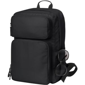 A black laptop backpack with multiple zippered compartments and sunglasses attached to the side.