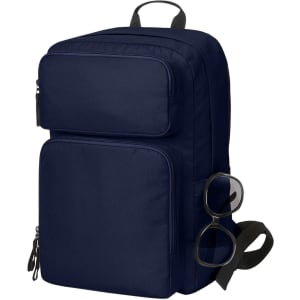A navy backpack with multiple compartments, featuring sunglasses resting on one side. It includes a brand logo.