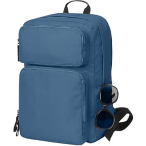A blue laptop backpack with multiple zippered compartments and sunglasses attached to the side. It features a logo.
