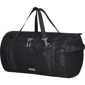 A black duffle bag with adjustable straps and a zipped pocket. Features a logo on the surface.
