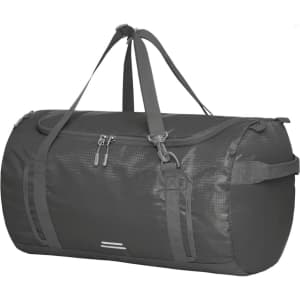 A dark grey outdoor sports bag with a zippered compartment and adjustable straps. It features a logo on the side.