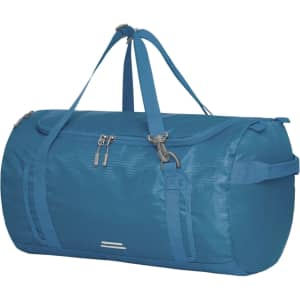 A blue duffle bag with zippers and multiple carry handles, featuring a logo on the surface.