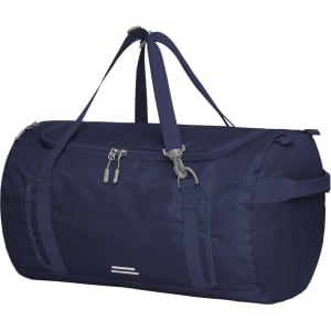 A navy outdoor sports bag with dual handles, a long shoulder strap, and a zippered main compartment.