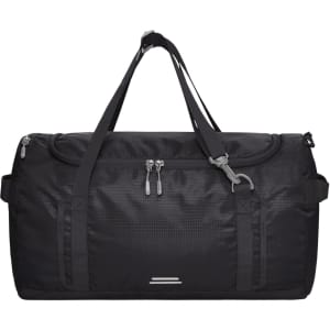A black duffle bag with two handles, a shoulder strap, and a logo. Features zippers and side pockets.