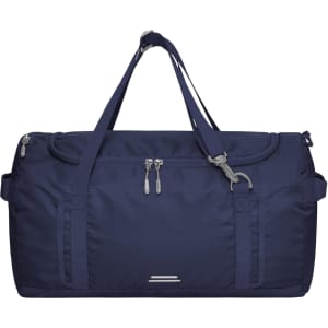 A navy outdoor sports bag with multiple compartments and carrying straps, featuring a logo on the front.