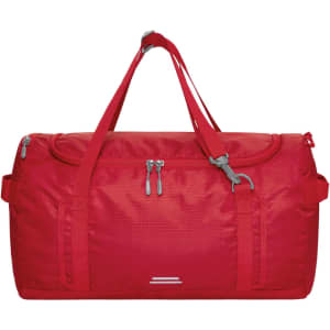 A red outdoor sports bag features multiple straps, zippered pockets, and a logo. Ideal for carrying gear.