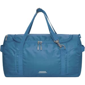 A blue duffle bag featuring multiple compartments and a shoulder strap, alongside a logo.