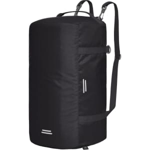 A black duffle bag with adjustable straps and a logo, designed for outdoor sports activities.