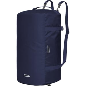 A navy outdoor sports duffle bag with a sleek design, featuring a logo and adjustable shoulder straps.