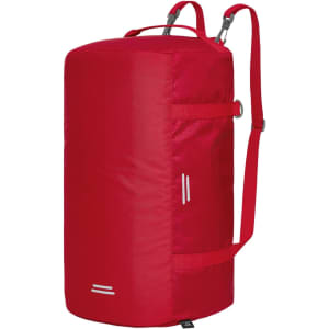 A red duffle bag with adjustable straps and a logo, featuring a cylindrical shape and reflective details.
