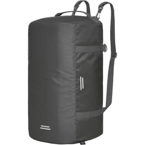 A dark grey duffle bag with adjustable straps and a logo, designed for outdoor activities.