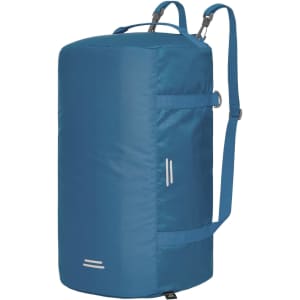 A blue outdoor sports bag with a cylindrical shape, adjustable shoulder strap, and a logo. Ideal for duffle use.