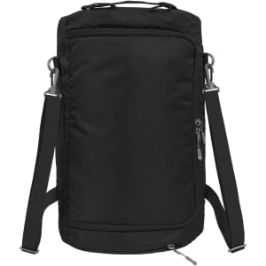 A black outdoor sports bag with multiple compartments and adjustable straps, featuring a logo.