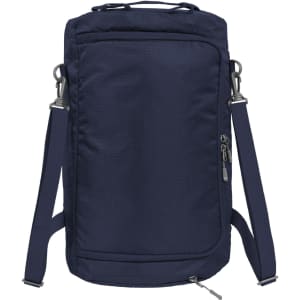 A navy outdoor sports bag with adjustable straps and a zipped compartment, featuring a logo.