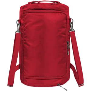 A red outdoor sports bag with adjustable straps and a zipper pocket, featuring a sleek, rectangular design.