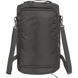A grey duffle bag with adjustable straps and a zippered pocket, featuring a logo on the front.