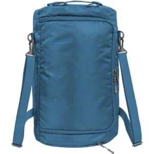 A blue outdoor sports bag with adjustable straps, featuring a zip pocket and a logo.